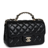 Chanel Mini Rectangular Crystal Top Handle Flap Bag Black Lambskin Light Gold Hardware