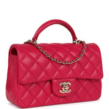 Pre-owned Chanel Mini Top Handle Rectangular Flap Bag Fuchsia Lambskin Light Gold Hardware