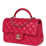 Pre-owned Chanel Mini Top Handle Rectangular Flap Bag Fuchsia Lambskin Light Gold Hardware