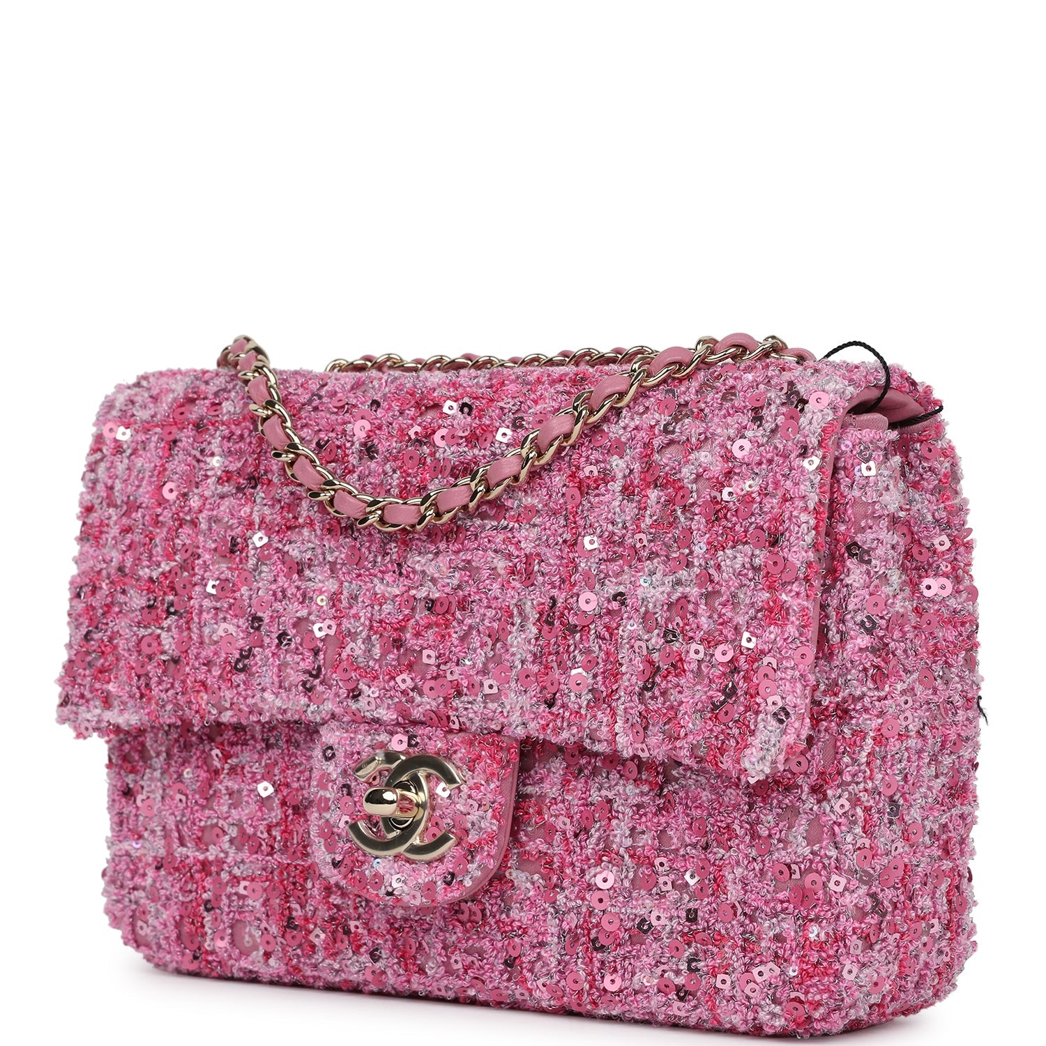 Chanel Mini Classic Rectangular Flap Bag Pink Tweed and Sequin Gold Ha