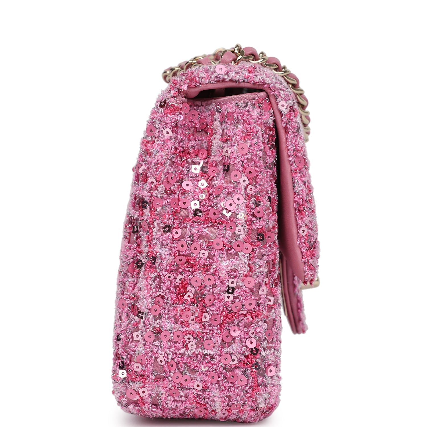 Chanel Mini Classic Rectangular Flap Bag Pink Tweed and Sequin Gold Ha