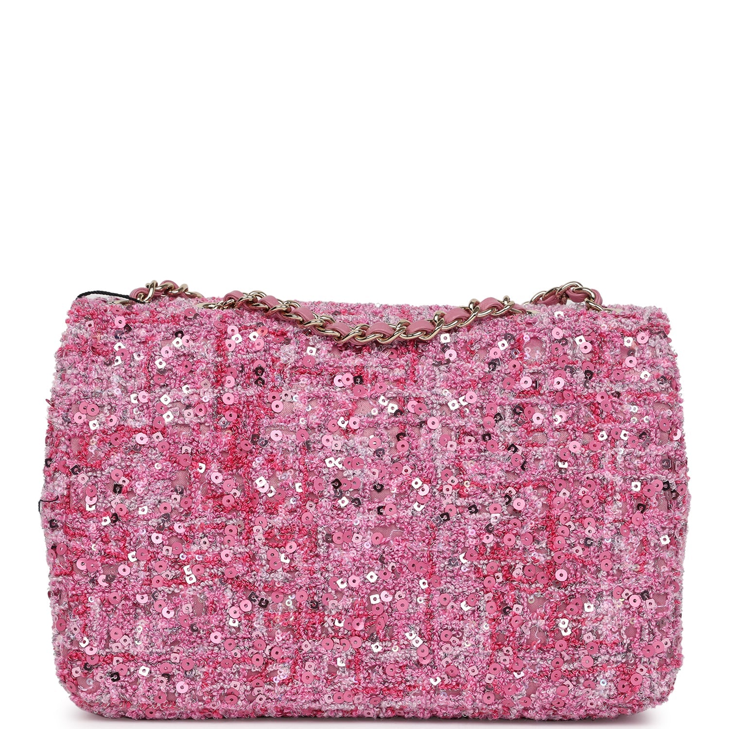 Chanel Mini Classic Rectangular Flap Bag Pink Tweed and Sequin Gold Ha
