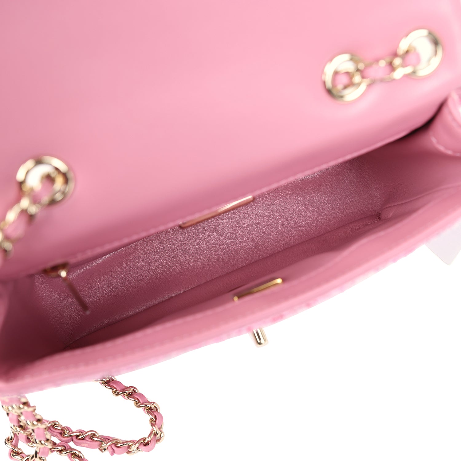 Chanel Mini Classic Rectangular Flap Bag Pink Tweed and Sequin Gold Ha