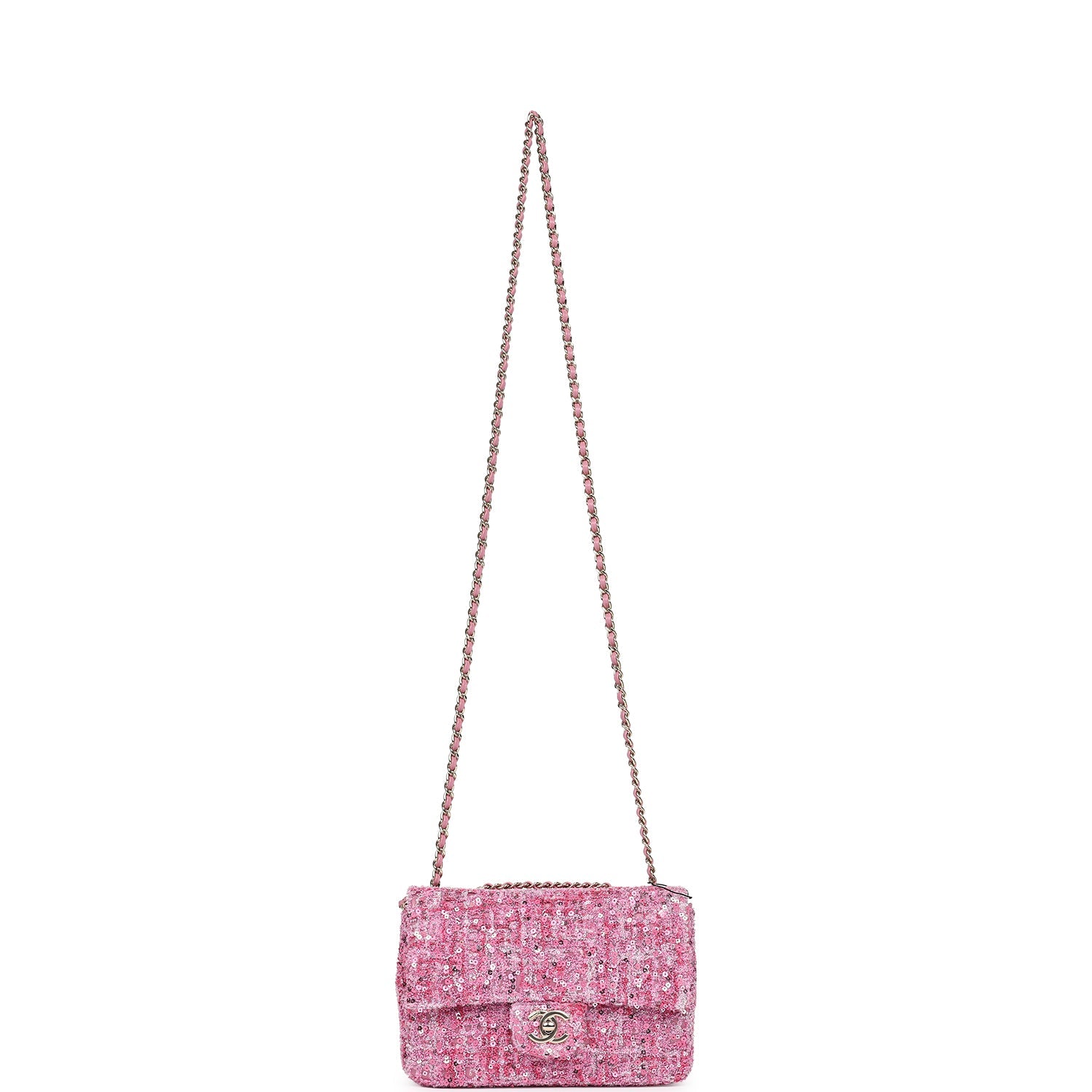 Chanel Mini Classic Rectangular Flap Bag Pink Tweed and Sequin Gold Ha