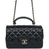 Chanel Mini Rectangular Top Handle Flap Bag Black Lambskin Light Gold Hardware