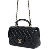 Chanel Mini Rectangular Top Handle Flap Bag Black Lambskin Light Gold Hardware