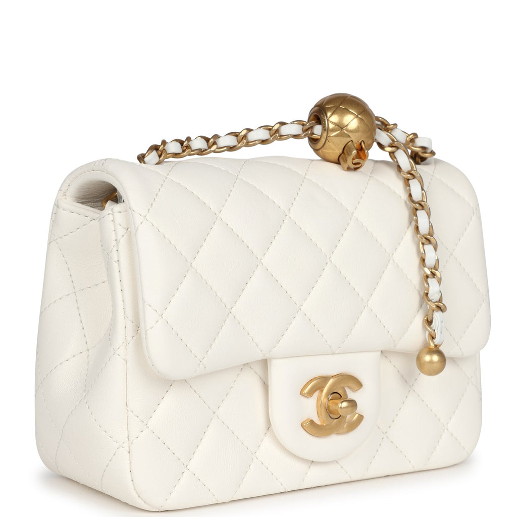 Chanel Mini Square Pearl Crush Flap Bag White Lambskin Antique Gold Hardware White New and Never Worn Lambskin