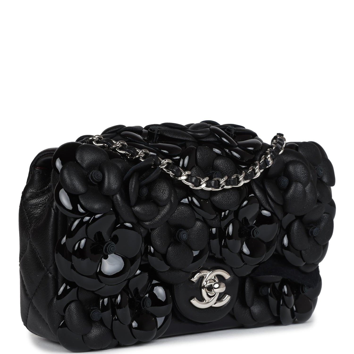 Chanel Mini Rectangular Camellia Flap Bag Black Lambskin and Patent Si