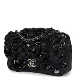 Chanel Mini Rectangular Camellia Flap Bag Black Lambskin and Patent Silver Hardware