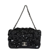 Chanel Mini Rectangular Camellia Flap Bag Black Lambskin and Patent Silver Hardware