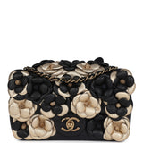 Chanel Mini Rectangular Camellia Flap Bag Black and Metallic Gold Lambskin Antique Gold Hardware