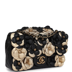 Chanel Mini Rectangular Camellia Flap Bag Black and Metallic Gold Lambskin Antique Gold Hardware