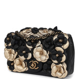 Chanel Mini Rectangular Camellia Flap Bag Black and Metallic Gold Lambskin Antique Gold Hardware