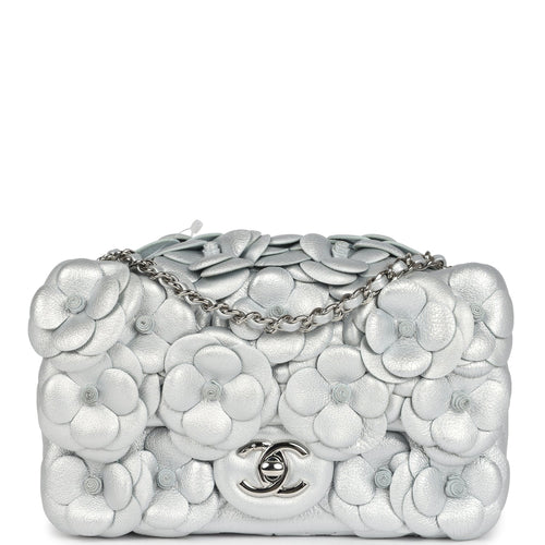 Chanel Mini Rectangular Camellia Flap Bag Silver Lambskin Silver Hardware