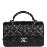 Chanel Mini Rectangular Top Handle Flap Bag Black Lambskin Light Gold Hardware