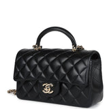 Chanel Mini Rectangular Top Handle Flap Bag Black Lambskin Light Gold Hardware