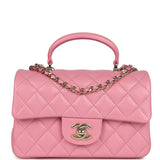 Chanel Mini Rectangular Flap with Top Handle Pink Lambskin Light Gold Hardware