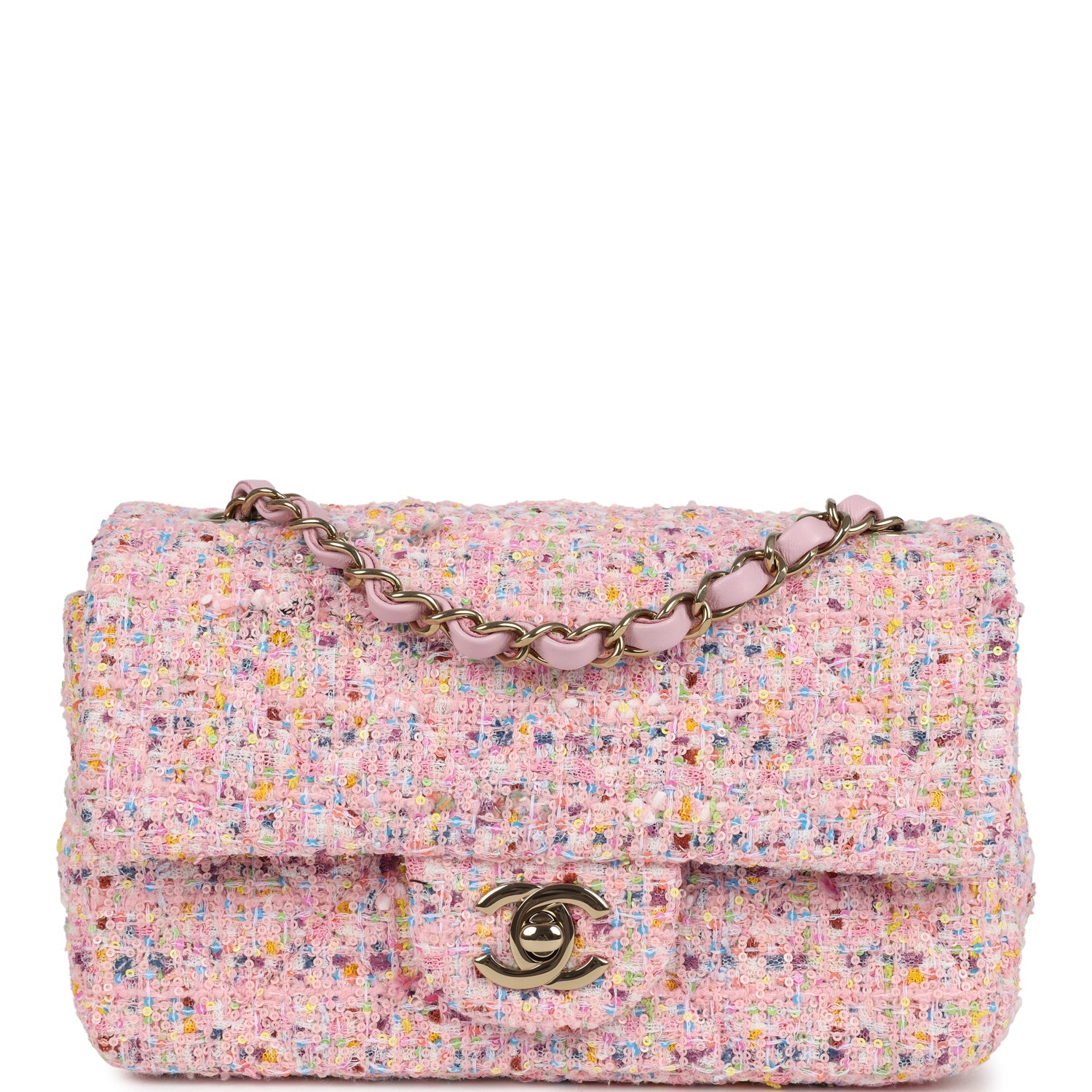 Chanel Mini Classic Rectangular Flap Bag Pink Tweed and Sequin Light G