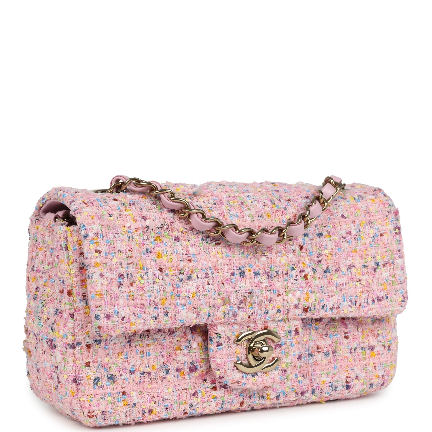 Chanel Mini Classic Rectangular Flap Bag Pink Tweed and Sequin Light G