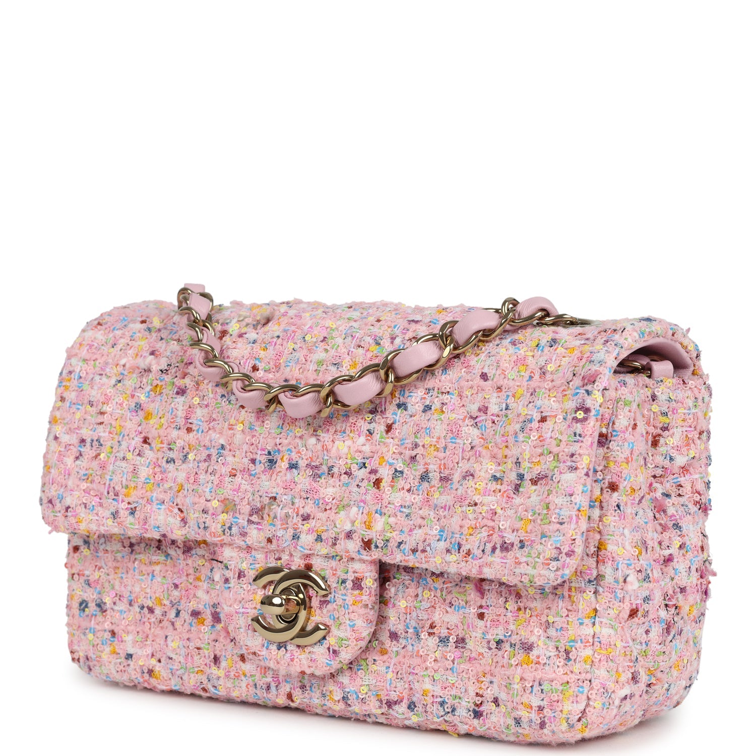 Chanel Mini Classic Rectangular Flap Bag Pink Tweed and Sequin Light G
