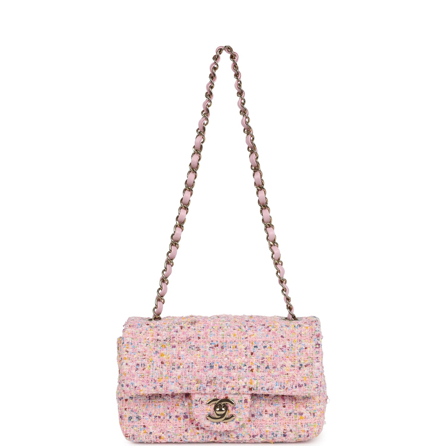 Chanel Mini Classic Rectangular Flap Bag Pink Tweed and Sequin Light G
