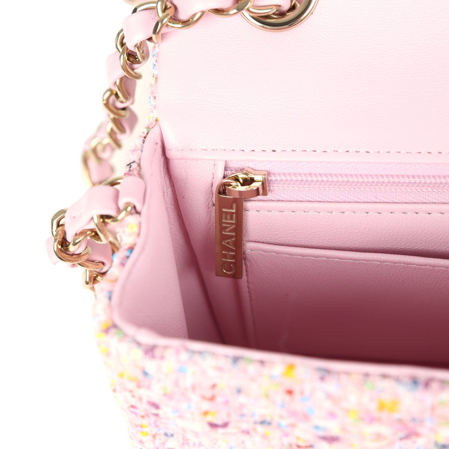 Chanel Mini Classic Rectangular Flap Bag Pink Tweed and Sequin Light G