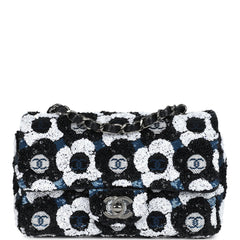 Chanel Mini Rectangular Flower Flap Bag Black, Navy and White Sequin Ruthenium Hardware