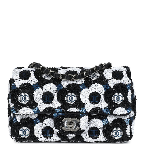 Chanel Mini Rectangular Flower Flap Bag Black, Navy and White Sequin Ruthenium Hardware