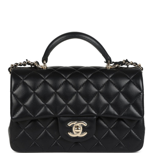 Chanel Mini Rectangular Top Handle Flap Bag Black Lambskin Light Gold Hardware