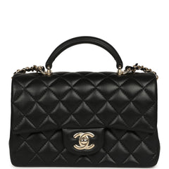 Chanel Mini Rectangular Top Handle Flap Bag Black Lambskin Light Gold Hardware