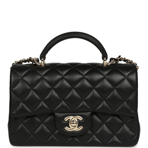 Chanel Mini Rectangular Top Handle Flap Bag Black Lambskin Light Gold Hardware
