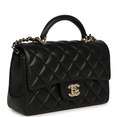 Chanel Mini Rectangular Top Handle Flap Bag Black Lambskin Light Gold Hardware