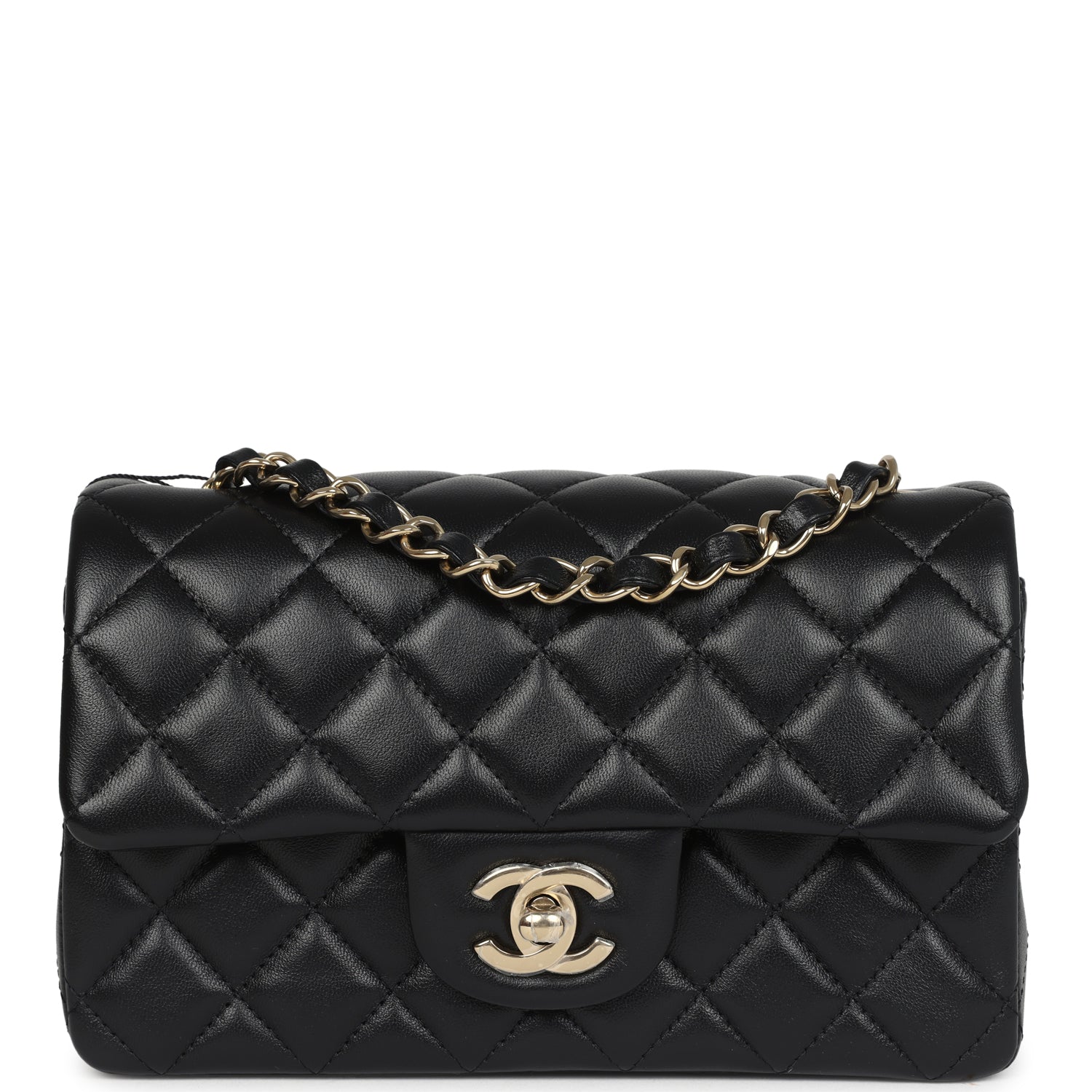 Chanel Mini Classic Rectangular Flap Bag Black Lambskin Light Gold Har