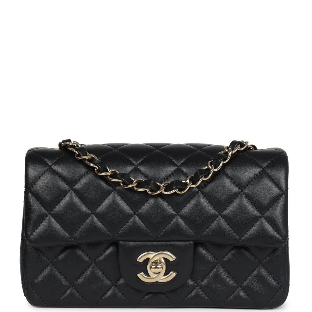 Chanel Mini Classic Rectangular Flap Bag Black Lambskin Light Gold Har