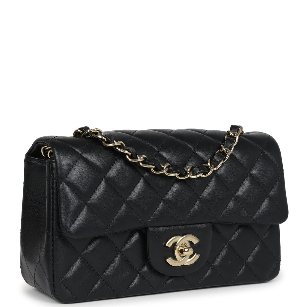 Chanel Mini Classic Rectangular Flap Bag Black Lambskin Light Gold Har