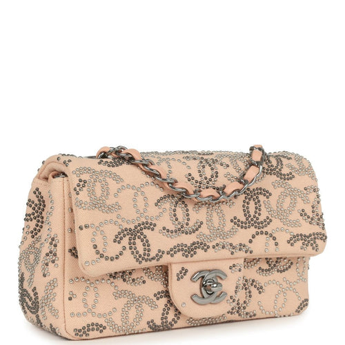Pre-owned Chanel Mini CC Studded Rectangular Flap Bag Light Pink Canvas Ruthenium Hardware