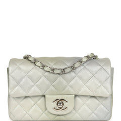 Chanel Mini Classic Rectangular Flap Bag Grey and Green Ombre Iridescent Goatskin Silver Hardware
