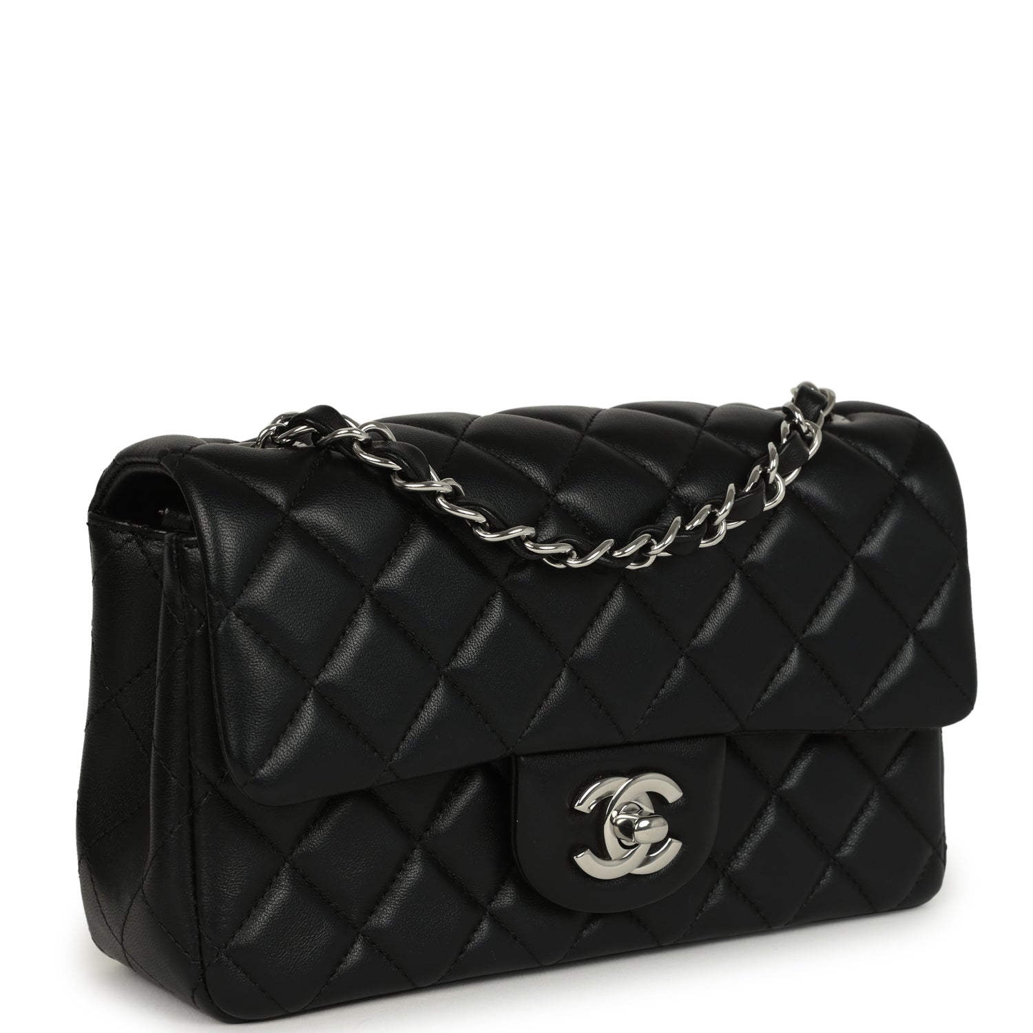 Pre-owned Chanel Mini Classic Rectangular Flap Bag Black Lambskin Silv