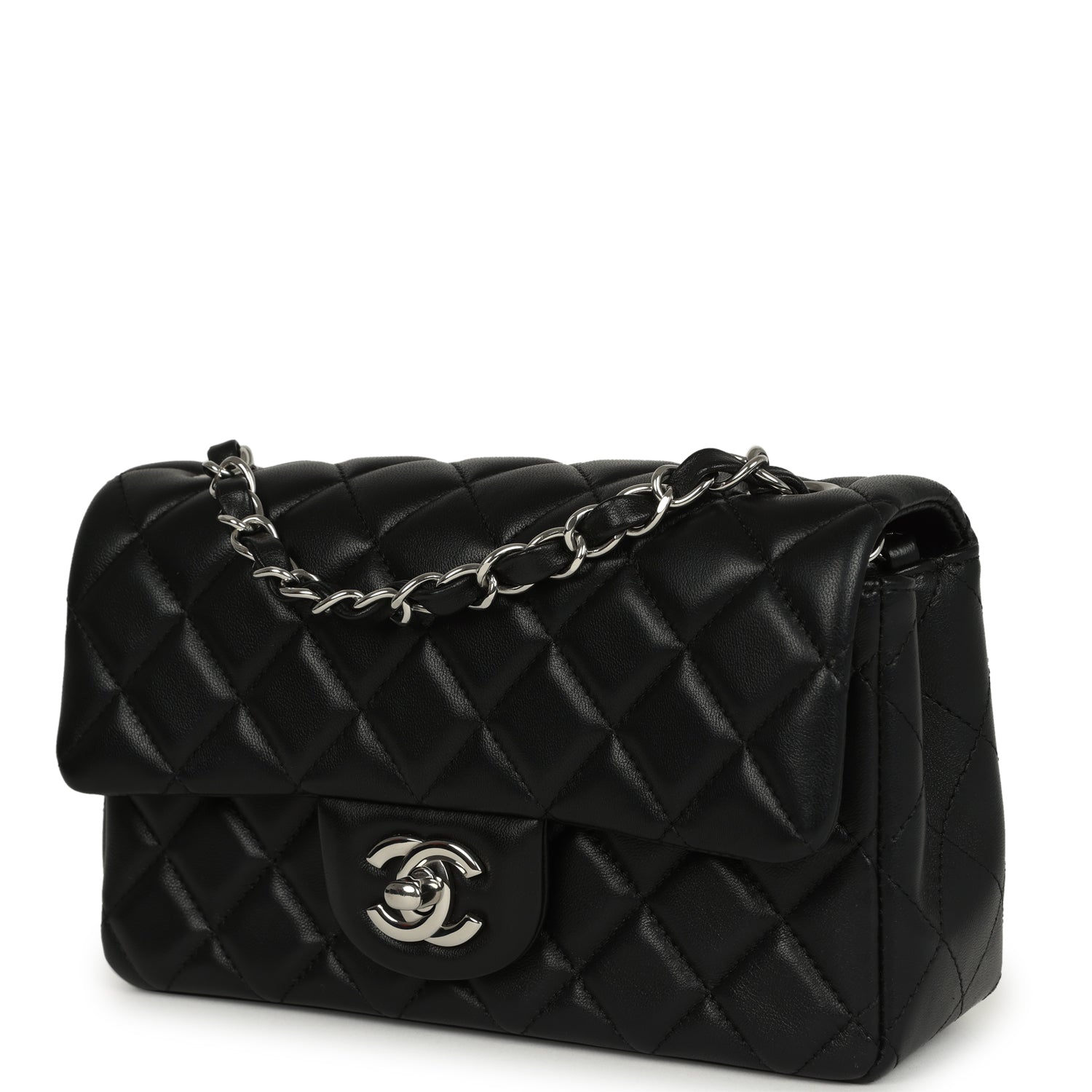 Pre-owned Chanel Mini Classic Rectangular Flap Bag Black Lambskin Silv