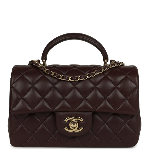 Chanel Mini Rectangular Flap Bag with Top Handle Dark Brown Lambskin Light Gold Hardware