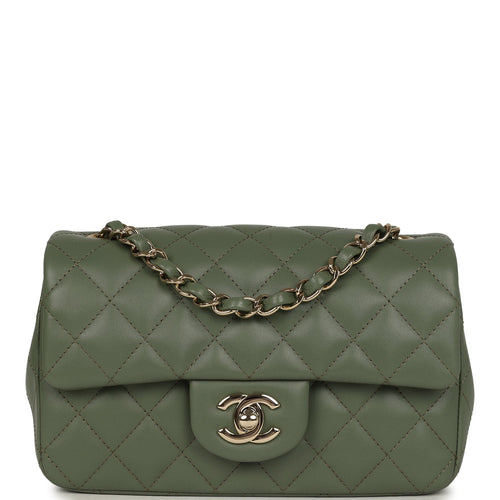 Chanel Mini Rectangular Flap Bag Dark Green Lambskin Light Gold Hardware