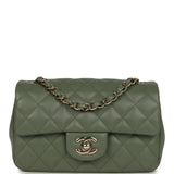 Chanel Mini Rectangular Flap Bag Dark Green Lambskin Light Gold Hardware
