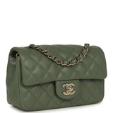 Chanel Mini Rectangular Flap Bag Dark Green Lambskin Light Gold Hardware