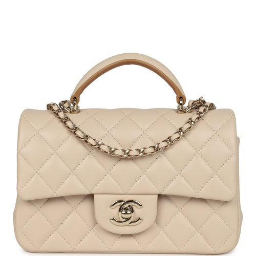 Pre-owned Chanel Mini Classic Rectangular Top Handle Flap Ecru Lambskin Light Gold Hardware