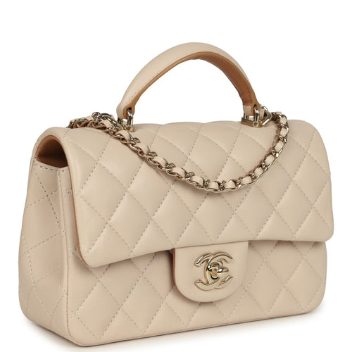 Pre-owned Chanel Mini Classic Rectangular Top Handle Flap Ecru Lambskin Light Gold Hardware