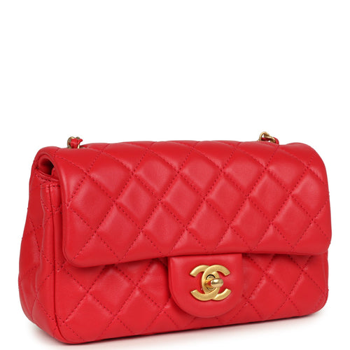 Pre-owned Chanel Mini Pearl Crush Rectangular Flap Bag Red Lambskin Brushed Gold Hardware
