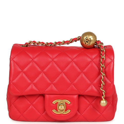Pre-owned Chanel Mini Pearl Crush Square Flap Bag Red Lambskin Brushed Gold Hardware