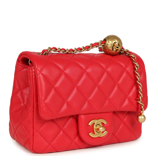 Pre-owned Chanel Mini Pearl Crush Square Flap Bag Red Lambskin Brushed Gold Hardware