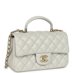 Chanel Mini Rectangular Flap Bag with Top Handle Light Grey Lambskin Light Gold Hardware