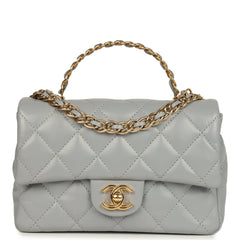 Pre-owned Chanel Mini CC Rectangular Flap Bag with Top Handle Light Grey Lambskin Gold Hardware